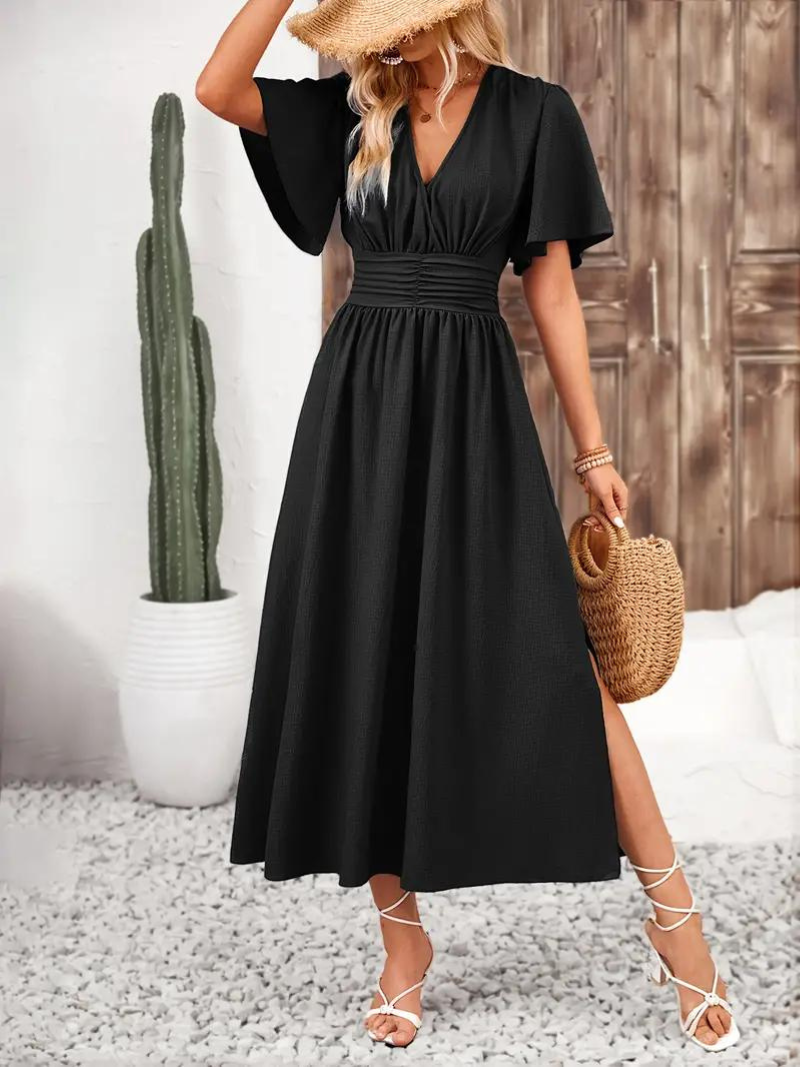 Vespera - Elegant Long Dress for Women with V-neck and Short Sleeves