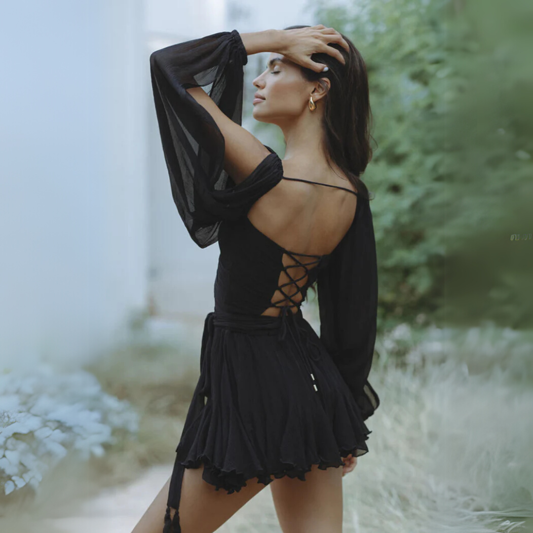 Stacey - Elegant Women's Black Chiffon Mini Dress with Draping