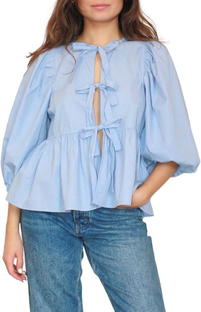 Ariadne- Stylish Women's Blouse with Puff Sleeves and Bow Detail