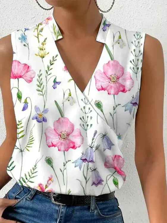 Hermione - Floral Women's Blouse with V-neck and Sleeveless Design