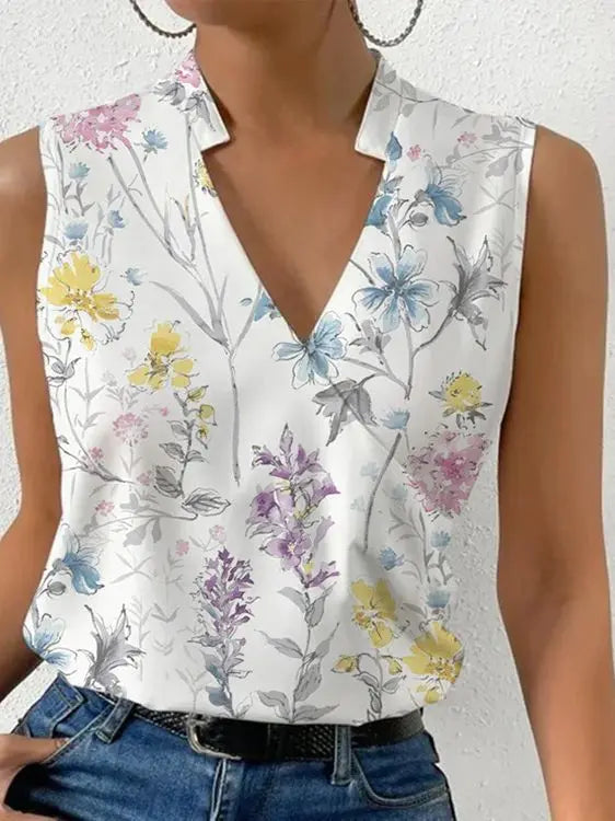 Hermione - Floral Women's Blouse with V-neck and Sleeveless Design