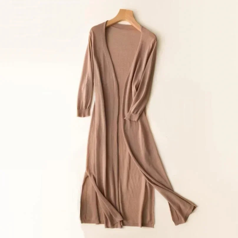 Adalina - Lightweight Women's Long Cardigan with Open Front and 3/4 Sleeves