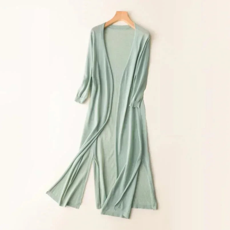 Adalina - Lightweight Women's Long Cardigan with Open Front and 3/4 Sleeves