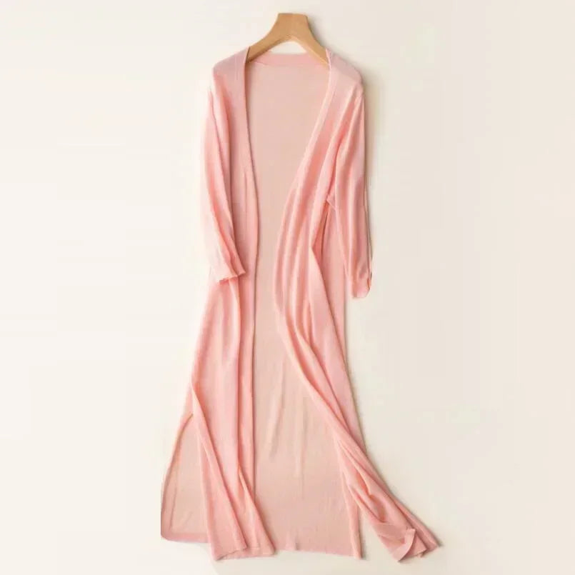 Adalina - Lightweight Women's Long Cardigan with Open Front and 3/4 Sleeves