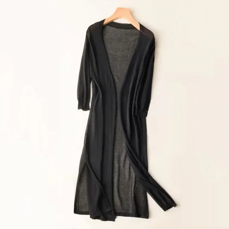 Adalina - Lightweight Women's Long Cardigan with Open Front and 3/4 Sleeves