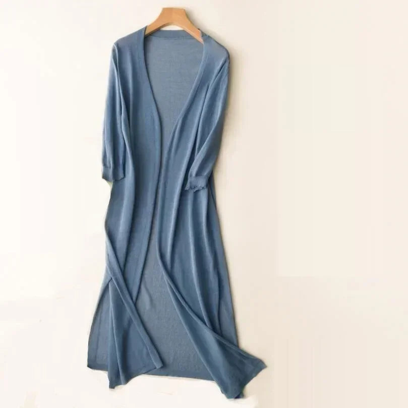 Adalina - Lightweight Women's Long Cardigan with Open Front and 3/4 Sleeves