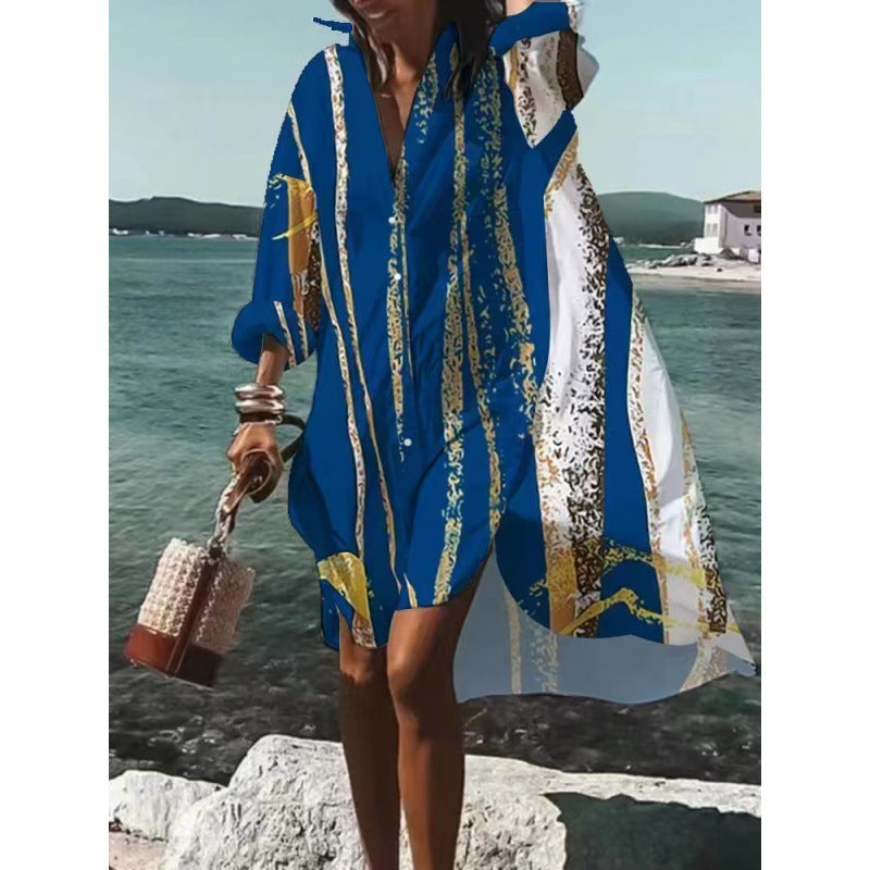 Zephyra - Stylish Women's Long-Sleeved V-neck Dress with Abstract Print