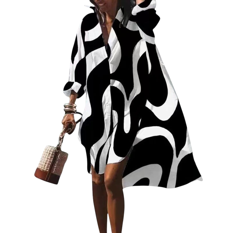 Zephyra - Stylish Women's Long-Sleeved V-neck Dress with Abstract Print