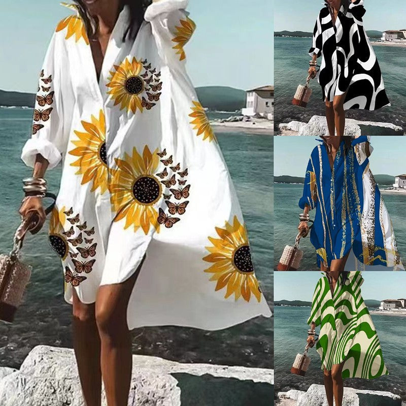 Zephyra - Stylish Women's Long-Sleeved V-neck Dress with Abstract Print