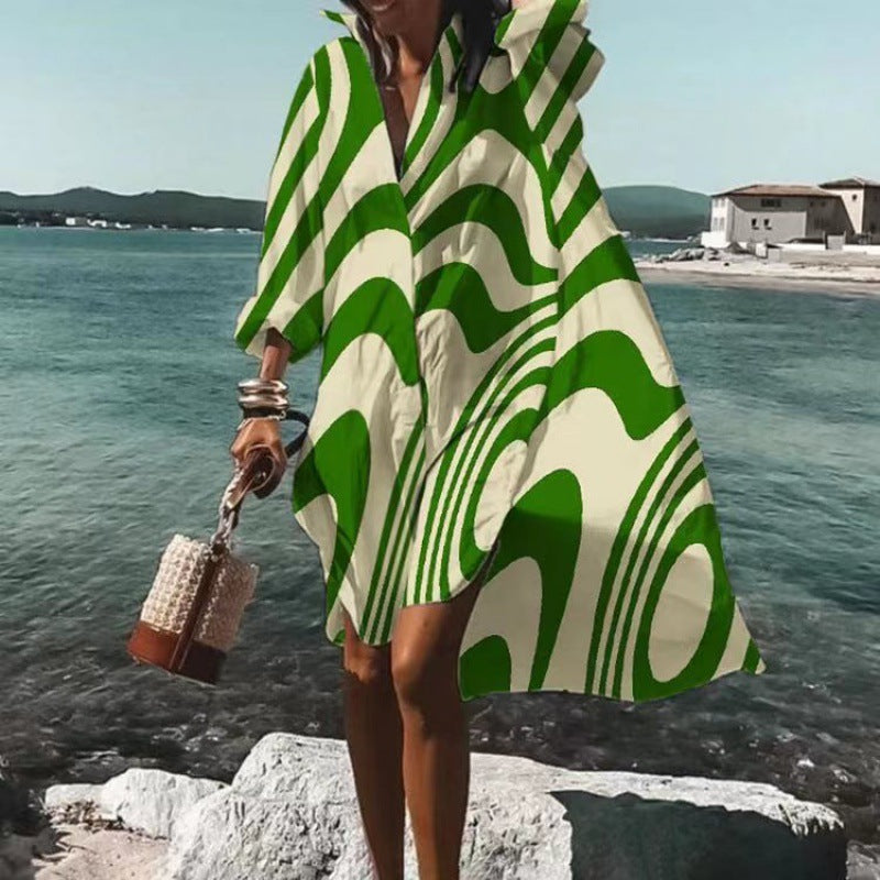 Zephyra - Stylish Women's Long-Sleeved V-neck Dress with Abstract Print