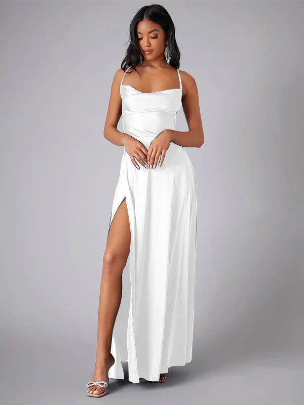 Kelsey - Elegant Satin Maxi Dress with Cowl Neckline and Spaghetti Straps