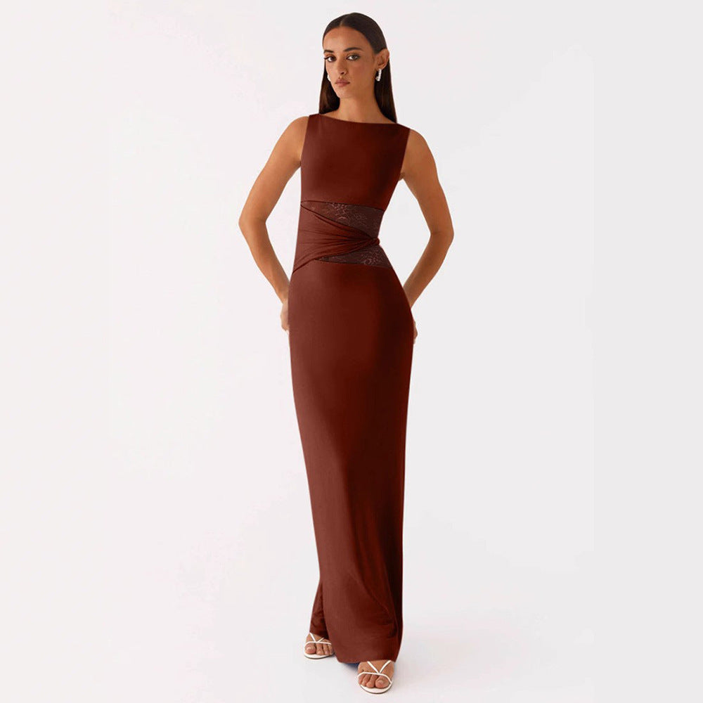 Maia - Elegant Sleeveless Lace Long Dress With Cutouts Black