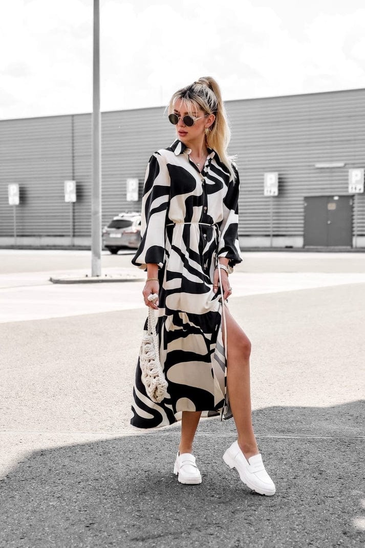 Geneviève - Stylish Women's Maxi Dress with Abstract Pattern and Belted Waist
