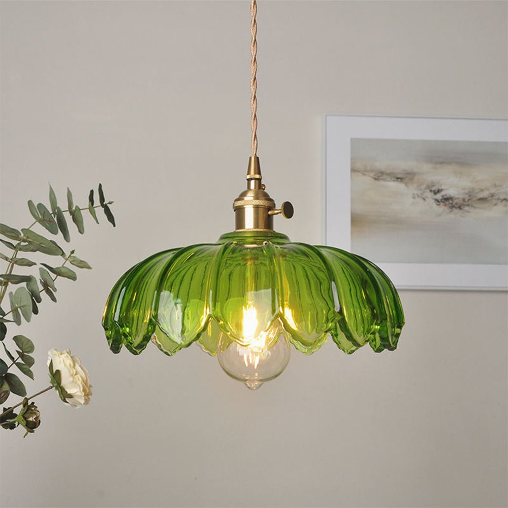 Evorra - Vintage Glass Flower Pendant Lamp With Green Amber Glass