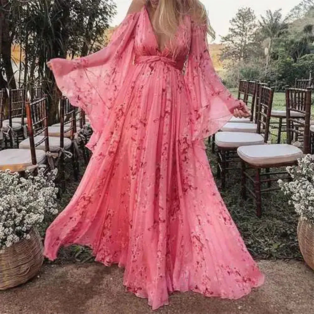 Yvonne - V-neck Floral Chiffon Maxi Dress with Flowing Silhouette