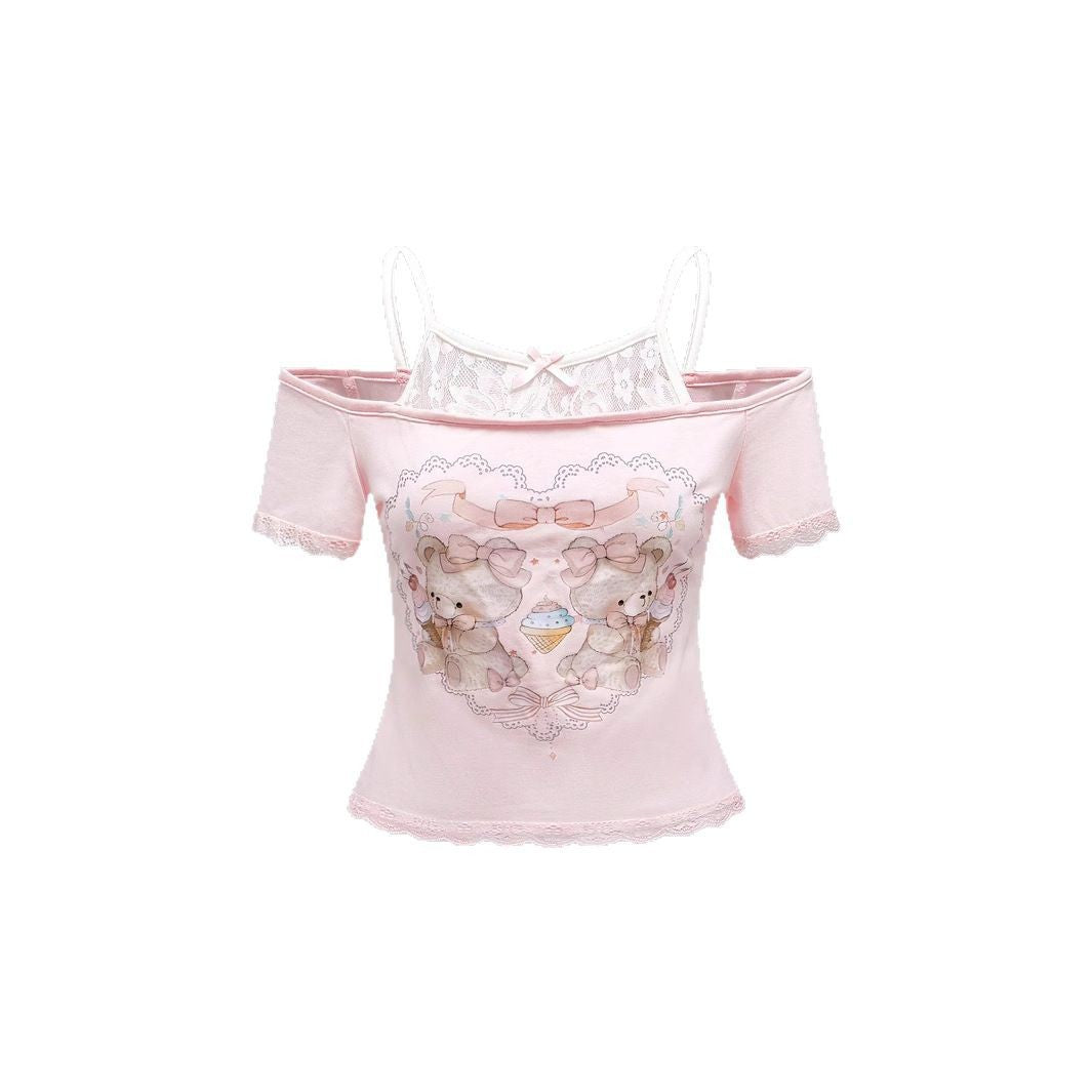 Gemma - Women's Playful Top with Decorative Lace Accents and Cute Animal Motif