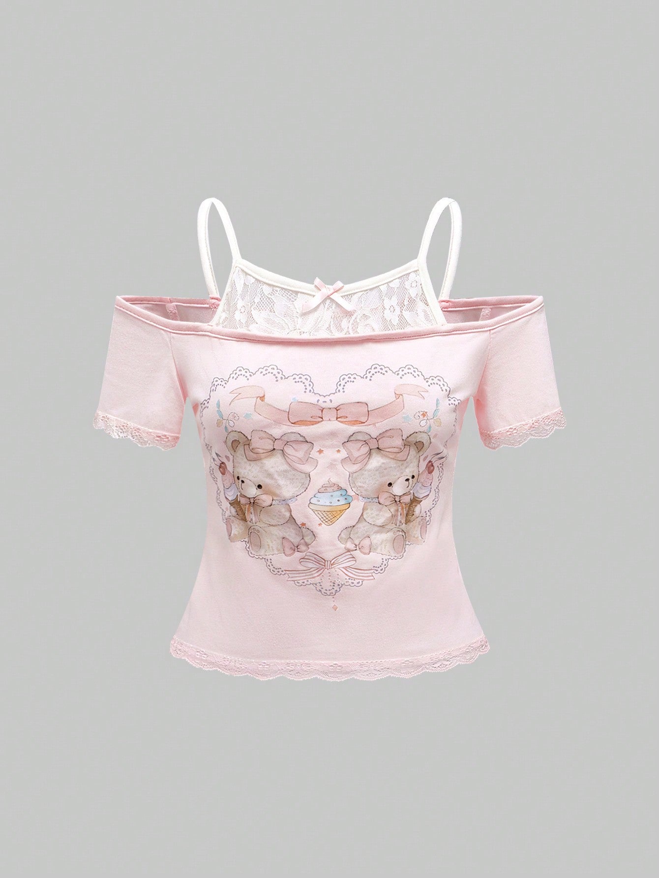 Gemma - Women's Playful Top with Decorative Lace Accents and Cute Animal Motif