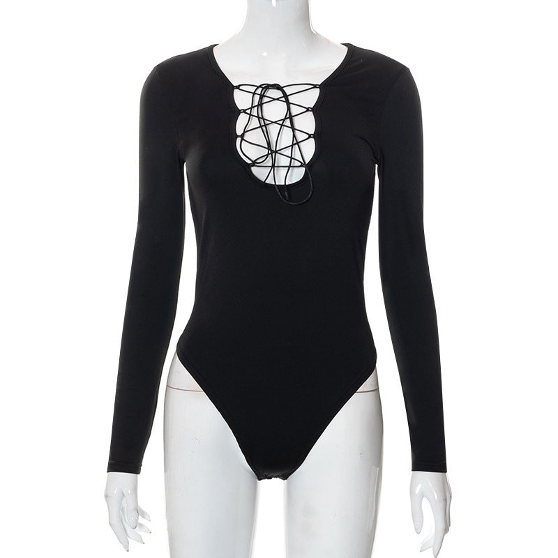 Melrose - Women's Bodysuit with Deep V-neck and Sophisticated Lacing Design