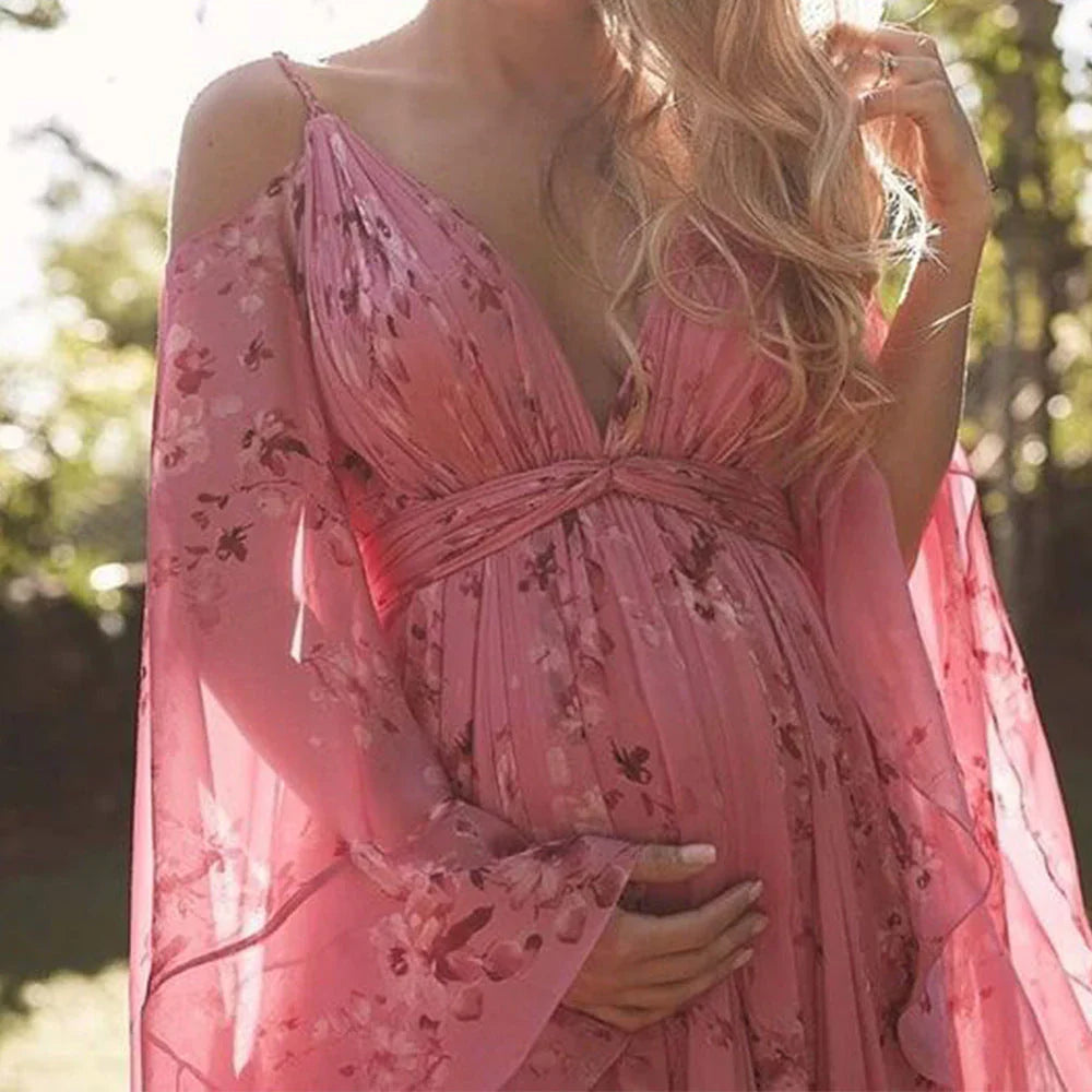 Yvonne - V-neck Floral Chiffon Maxi Dress with Flowing Silhouette