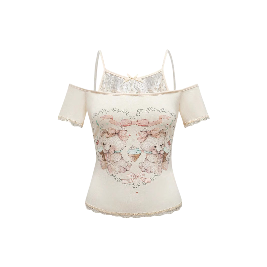 Gemma - Women's Playful Top with Decorative Lace Accents and Cute Animal Motif