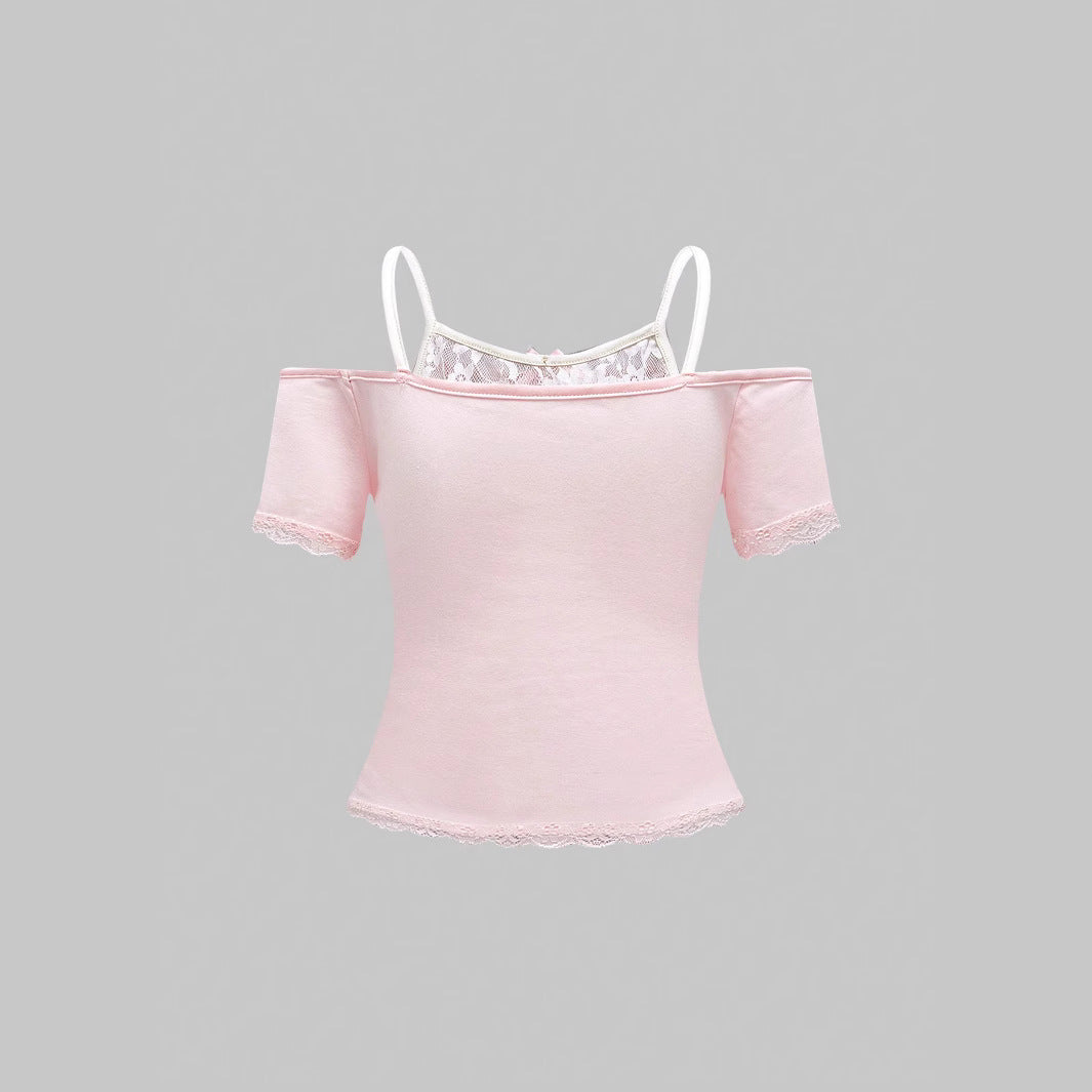Gemma - Women's Playful Top with Decorative Lace Accents and Cute Animal Motif