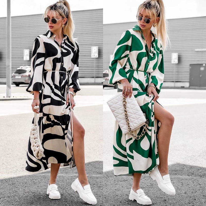 Geneviève - Stylish Women's Maxi Dress with Abstract Pattern and Belted Waist