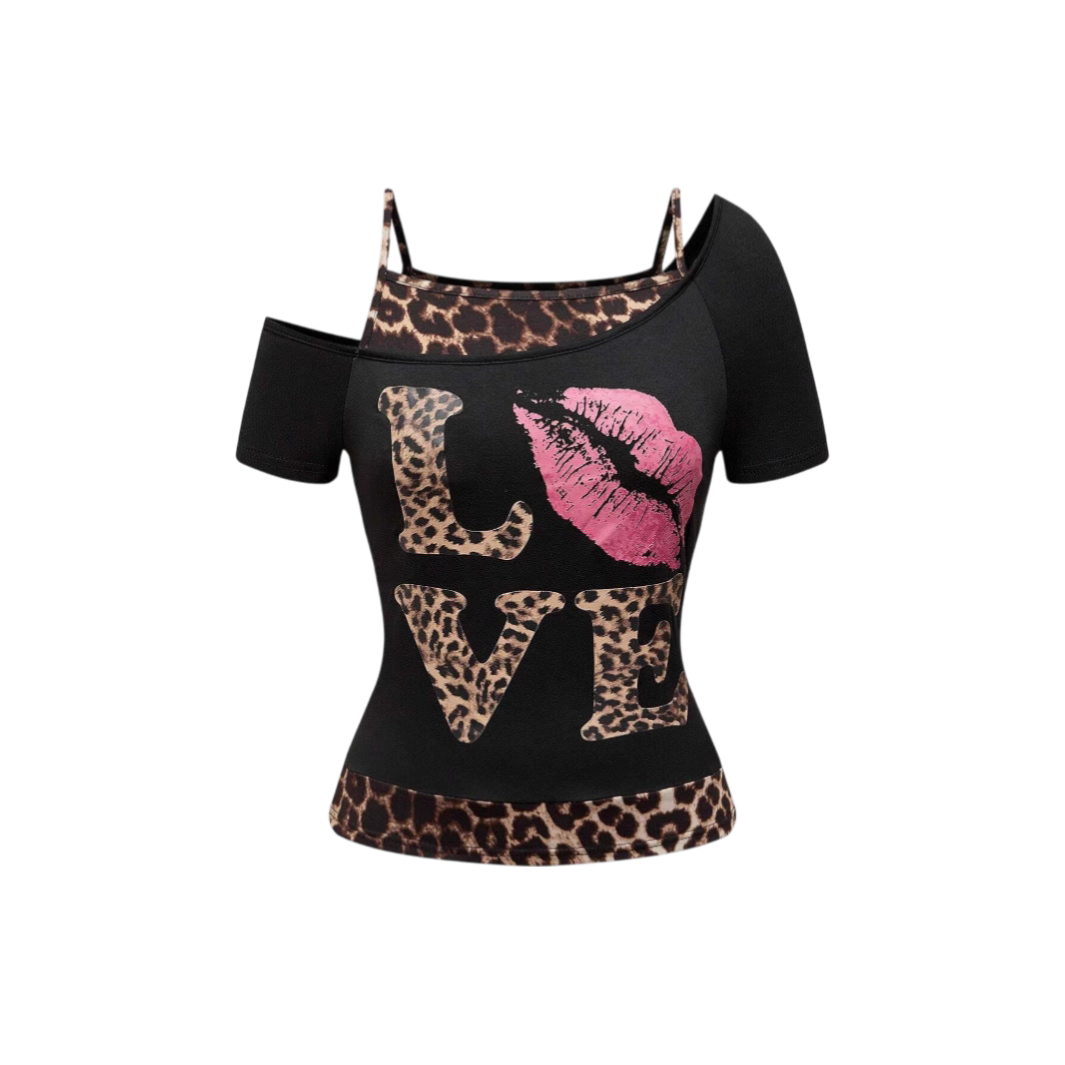 Klara - Trendy Off-Shoulder Top with Unique Leopard Print and Statement Design