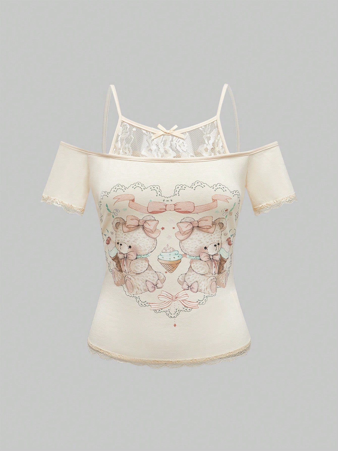 Gemma - Women's Playful Top with Decorative Lace Accents and Cute Animal Motif