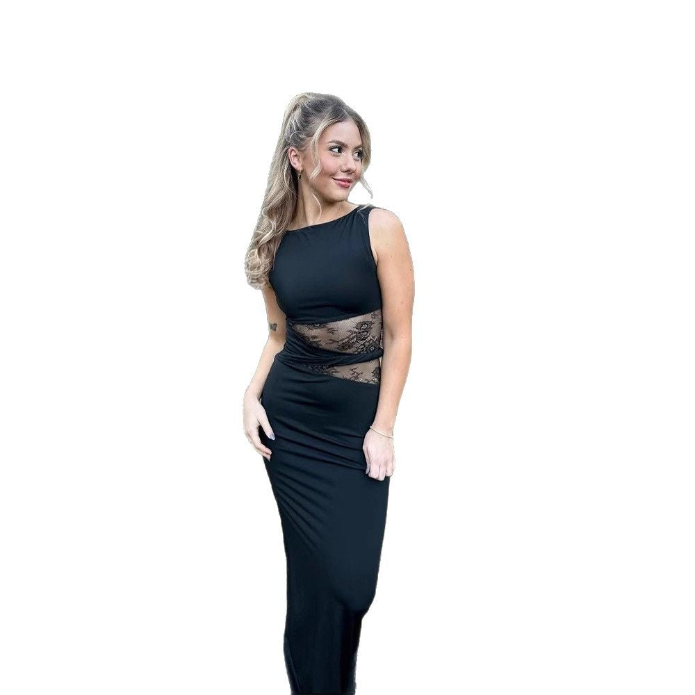 Maia - Elegant Sleeveless Lace Long Dress With Cutouts Black
