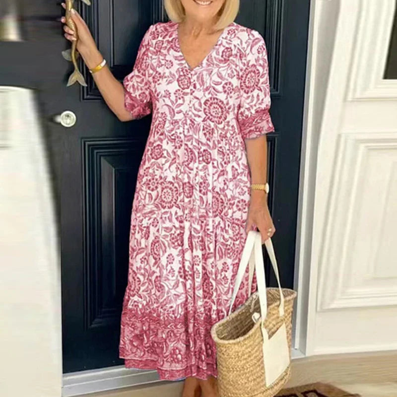 Nola - Bohemian V-neck Dress with Vibrant Floral Print