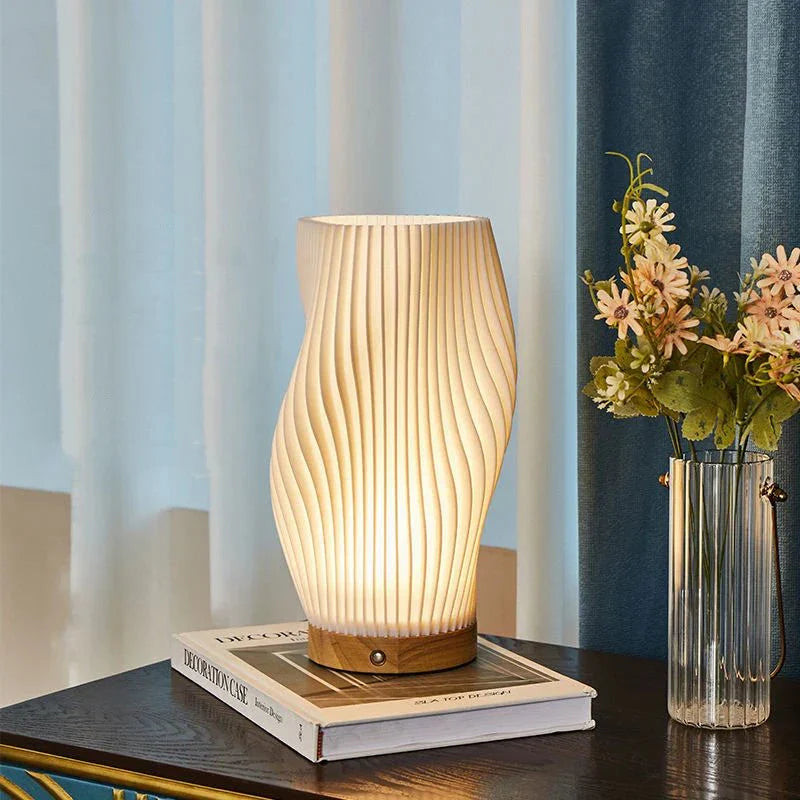 Torchora - Serene Wavecrest Lamp With Warm Wood Base Glow