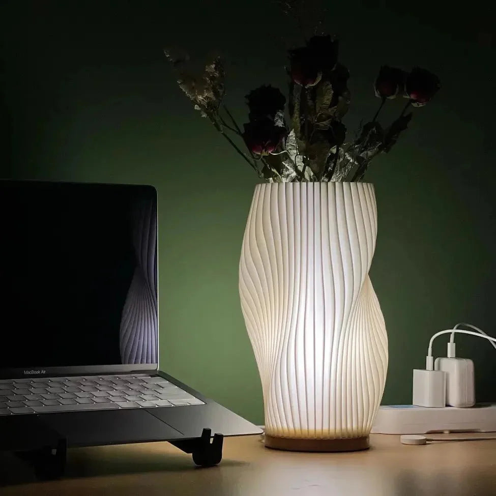 Torchora - Serene Wavecrest Lamp With Warm Wood Base Glow