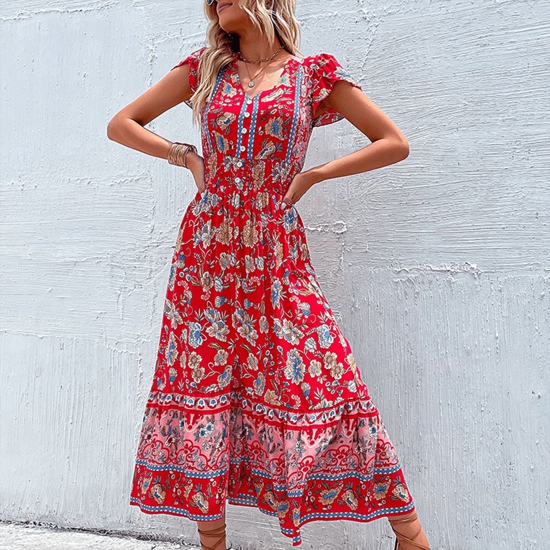 Elara - Flowing Boho Chic Women's Maxi Dress with V-neck Design
