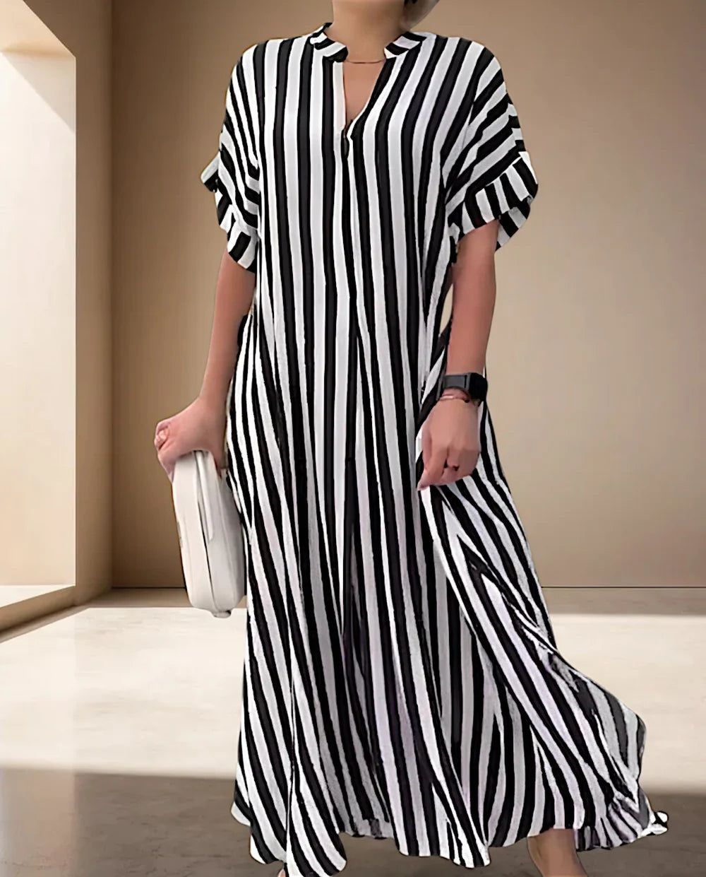 Pansy - Stylish Striped Maxi Dress with Ruffle Sleeves