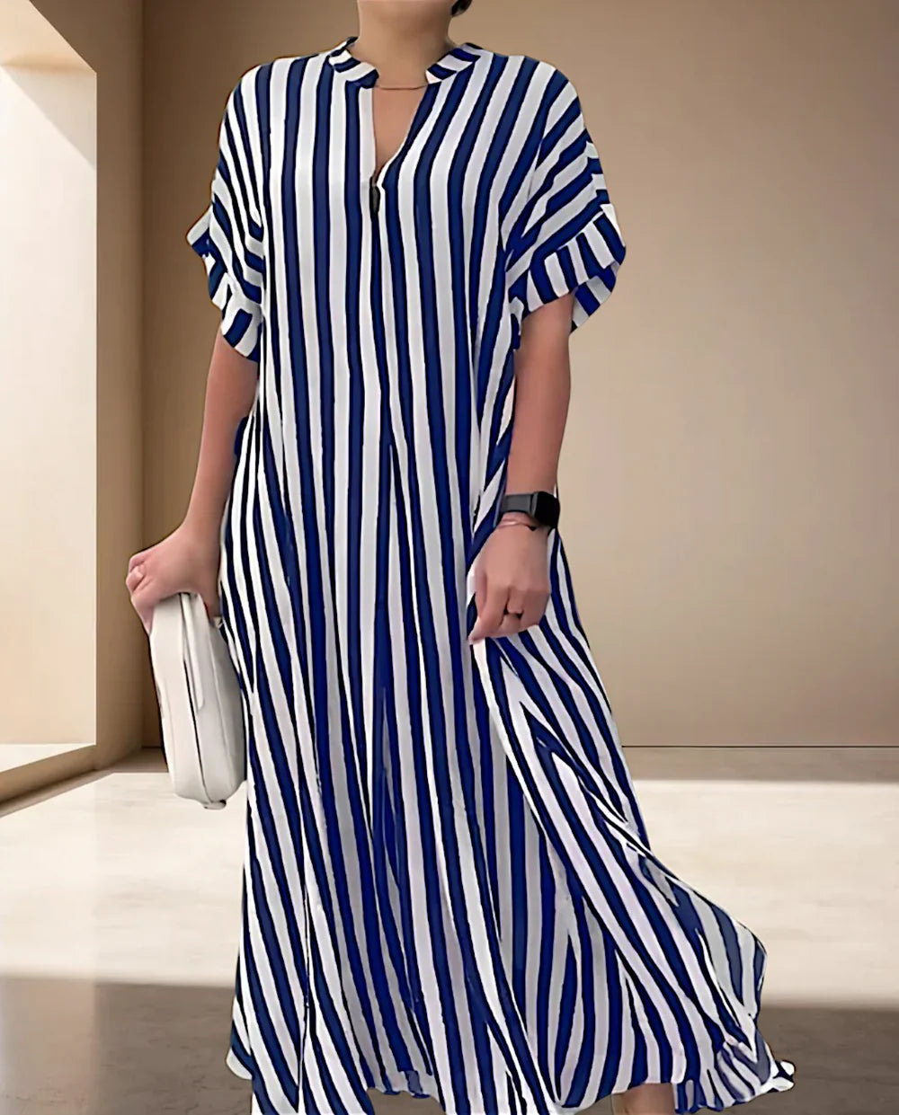 Pansy - Stylish Striped Maxi Dress with Ruffle Sleeves
