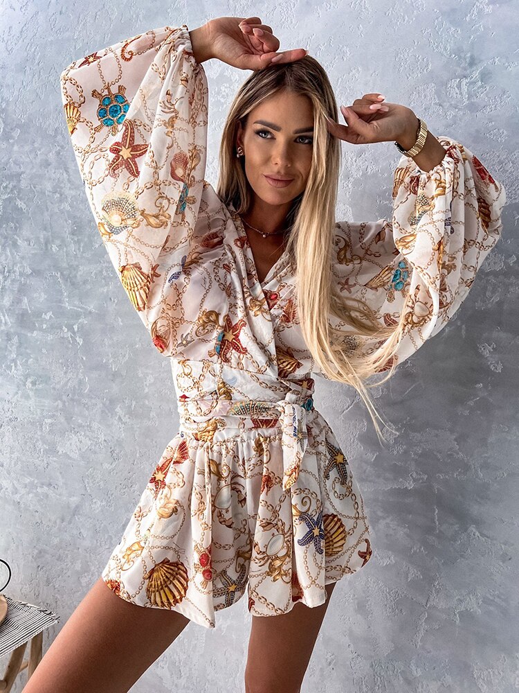 Alayna - Stylish Women's Beach Play Dress with Deep V-neck and Lantern Sleeves