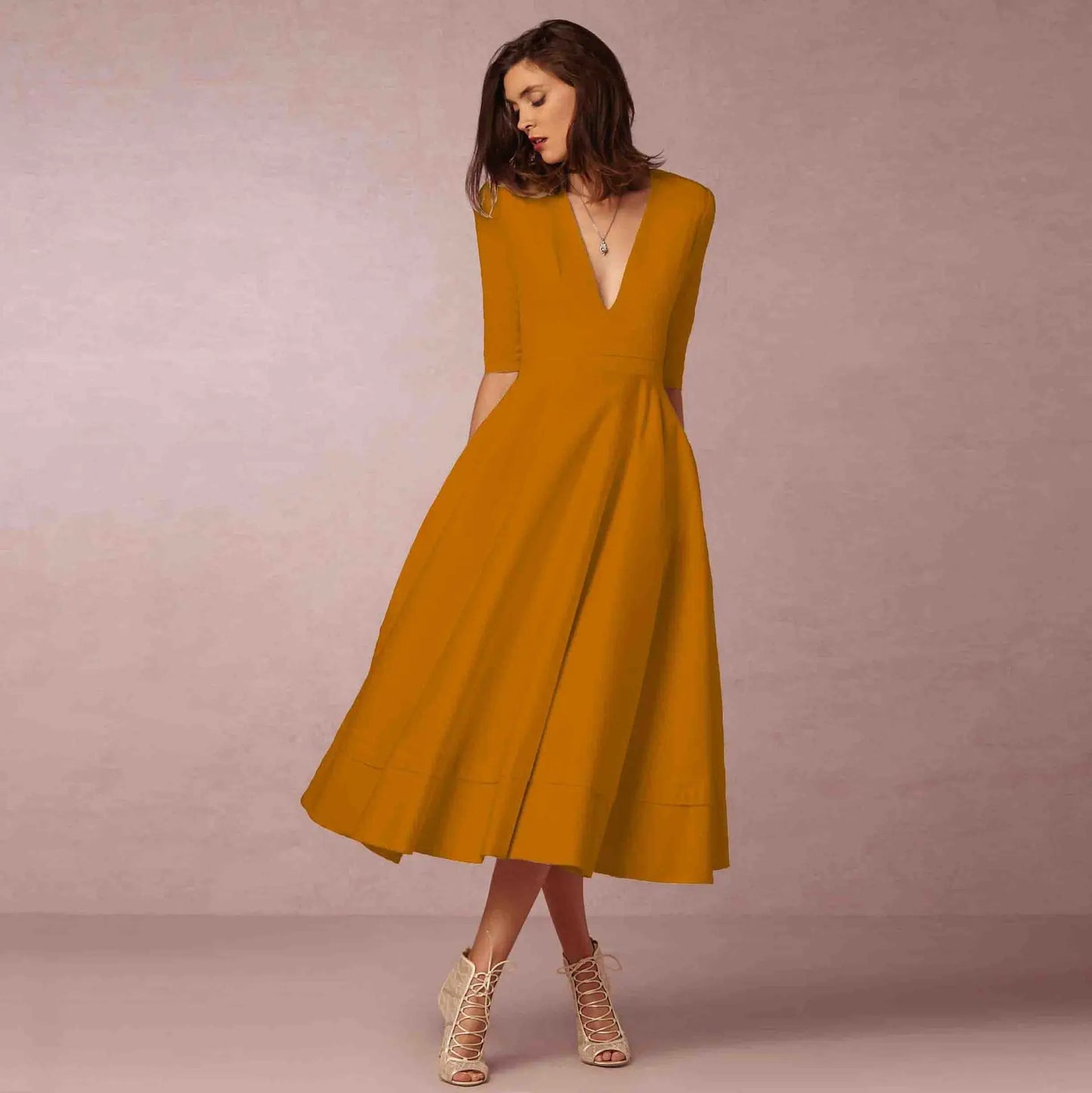 Demelza- Elegant Women's Princess Dress with V-neck and Flared Skirt