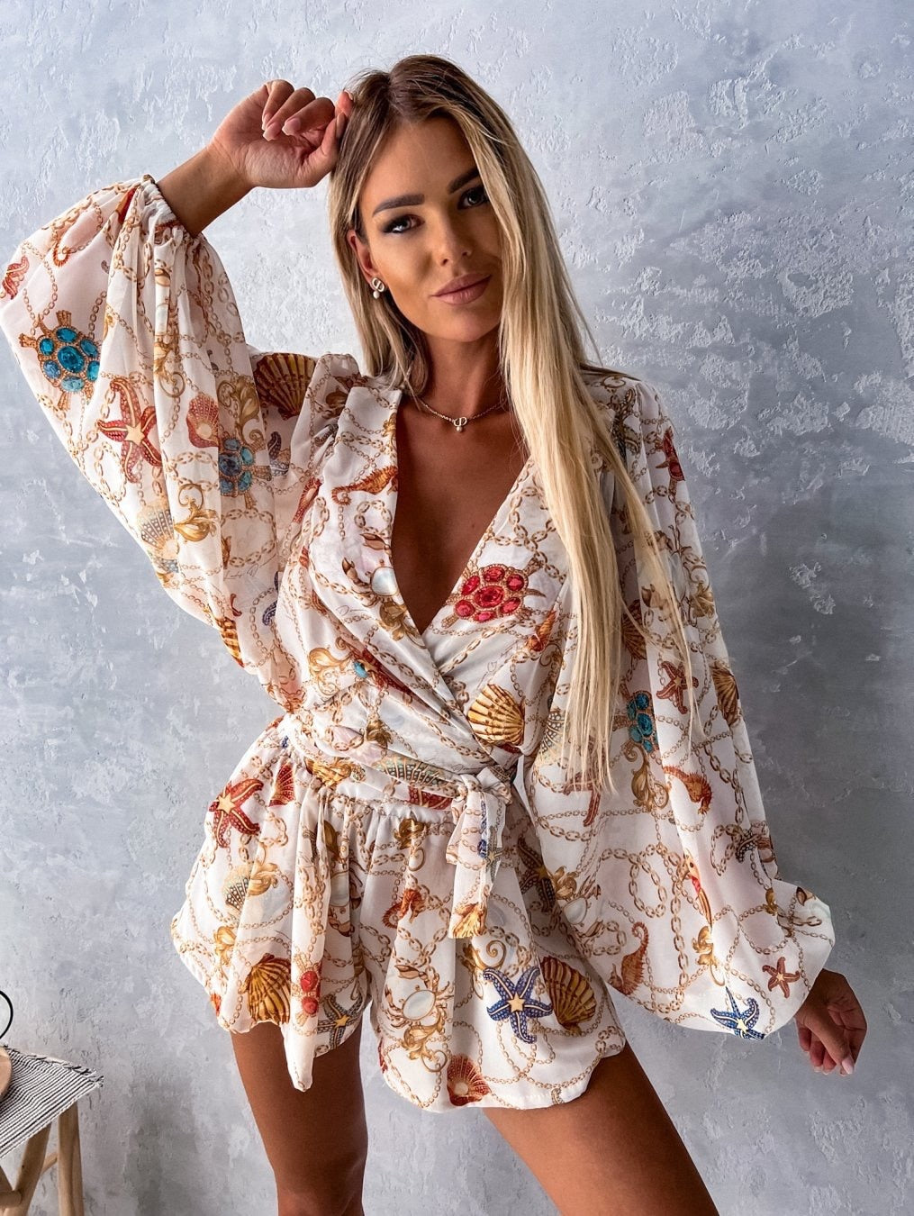 Alayna - Stylish Women's Beach Play Dress with Deep V-neck and Lantern Sleeves