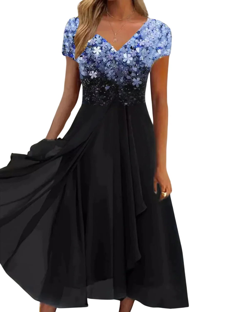 Adelaide - Elegant Women's Dress with Floral Embellishments and Flowing Skirt