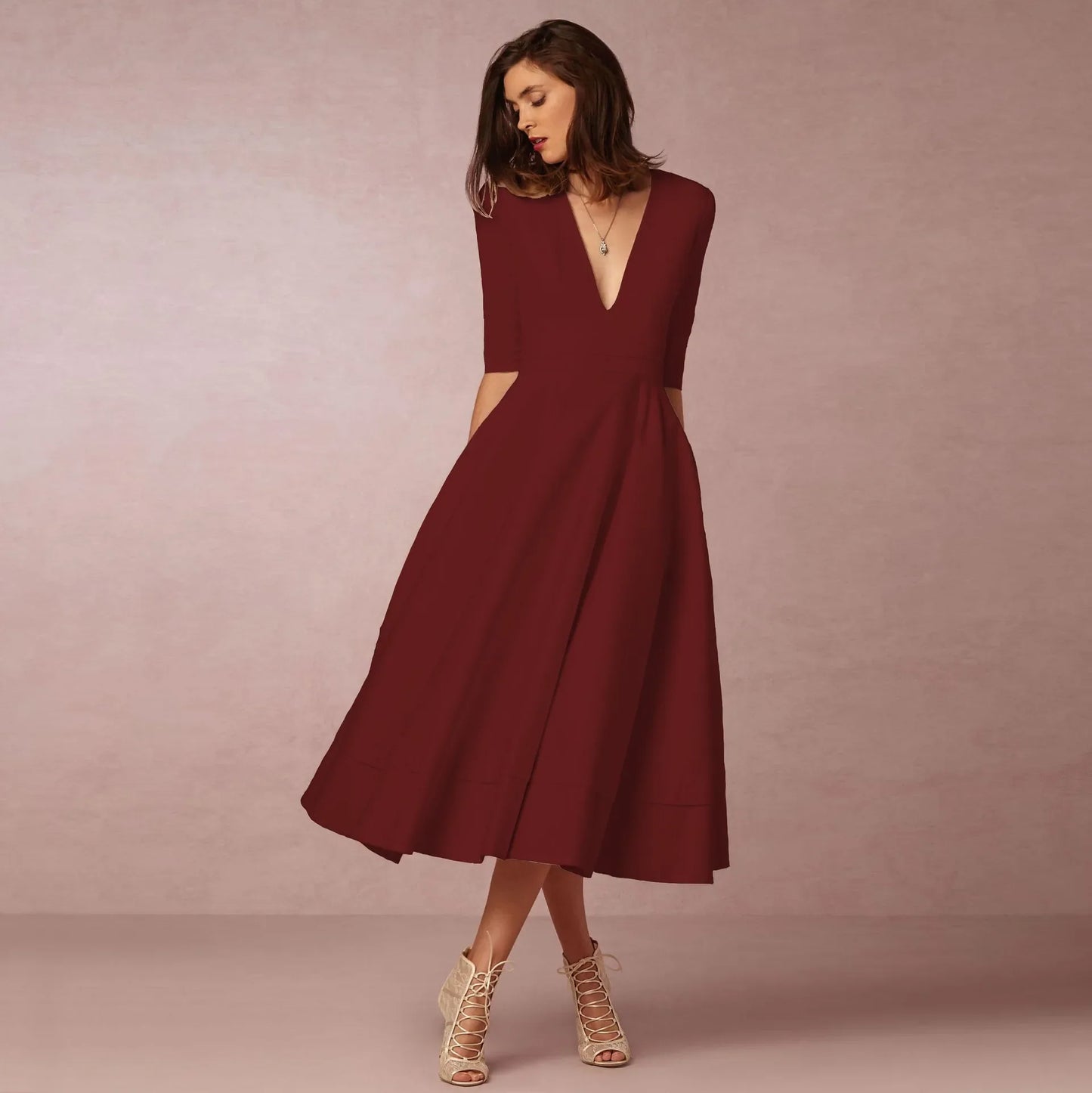 Demelza- Elegant Women's Princess Dress with V-neck and Flared Skirt