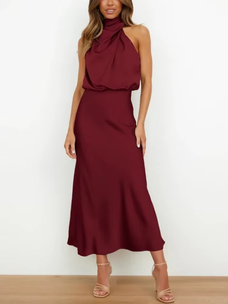 Marcy - Satin Halter Midi Cocktail Dress For Women