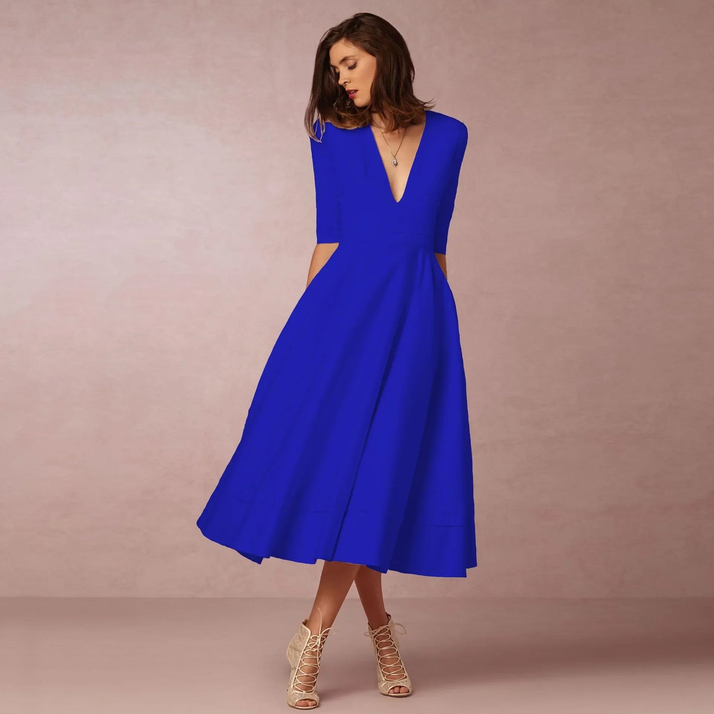 Demelza- Elegant Women's Princess Dress with V-neck and Flared Skirt