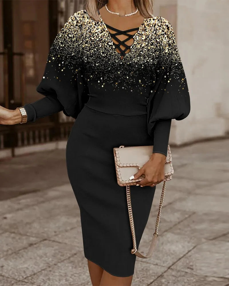 Cassia - Elegant Midi Dress with Lantern Sleeves for Every Occasion