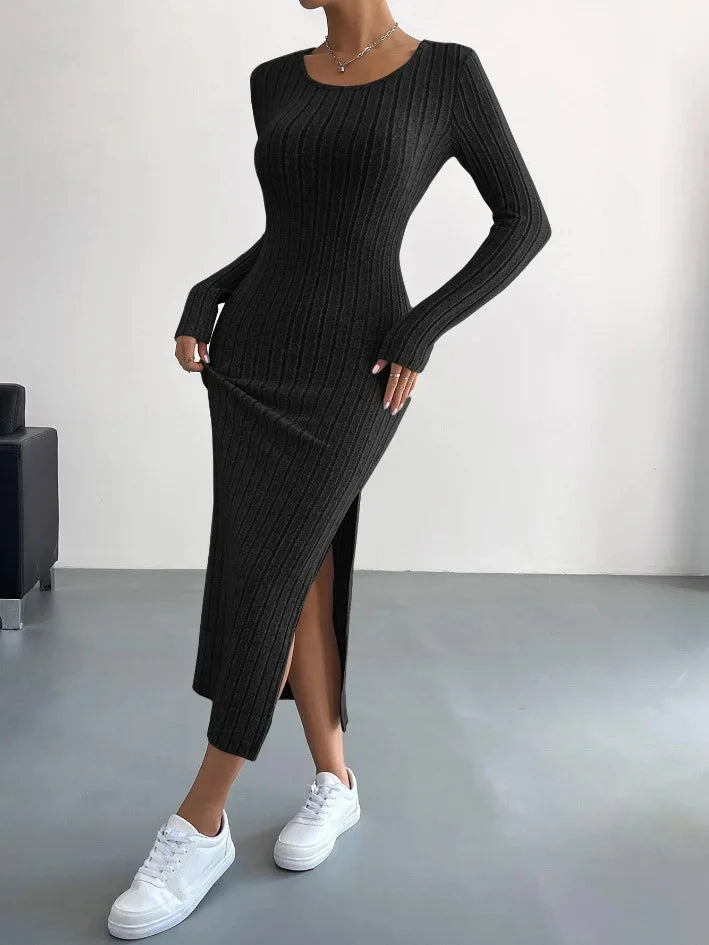 Carlene - Chic Long-Sleeved Knitted Dress with Elegant Fit and Side Slit