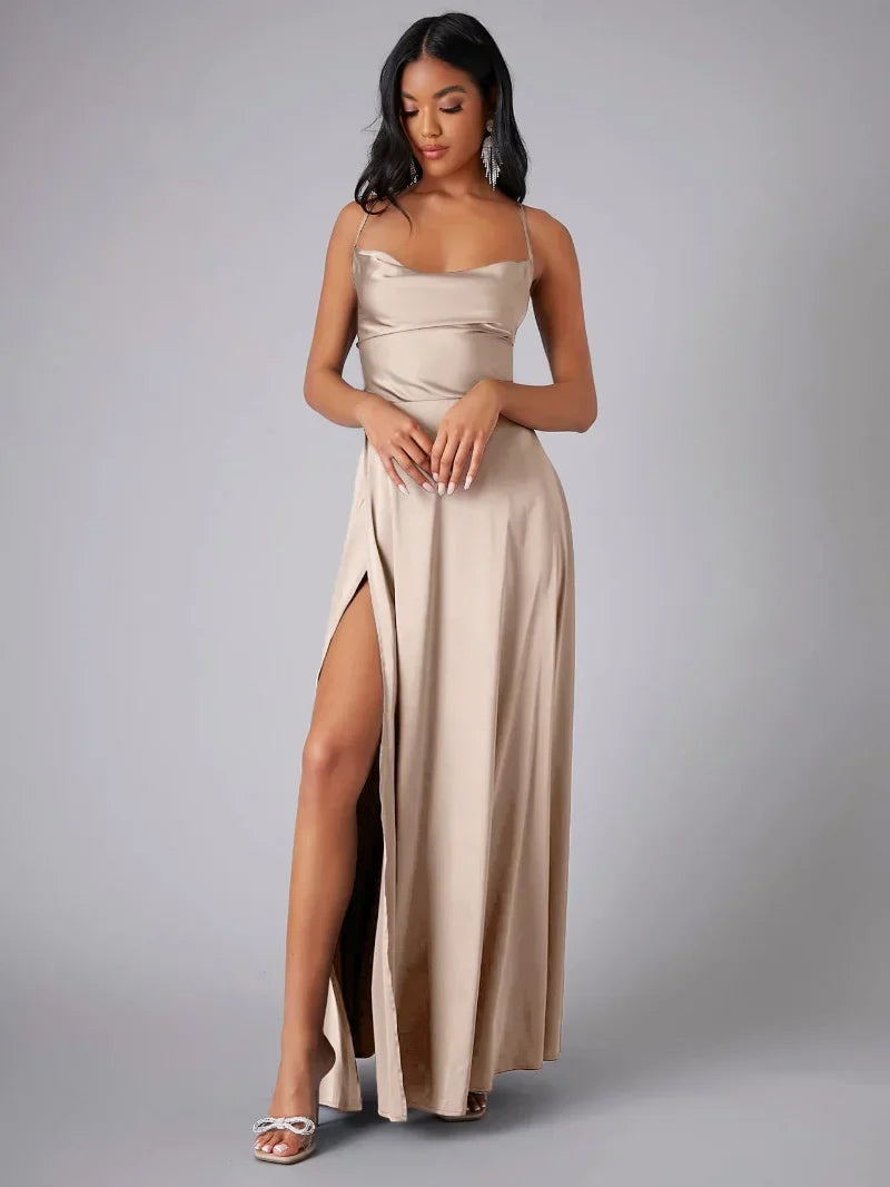 Kelsey - Elegant Satin Maxi Dress with Cowl Neckline and Spaghetti Straps