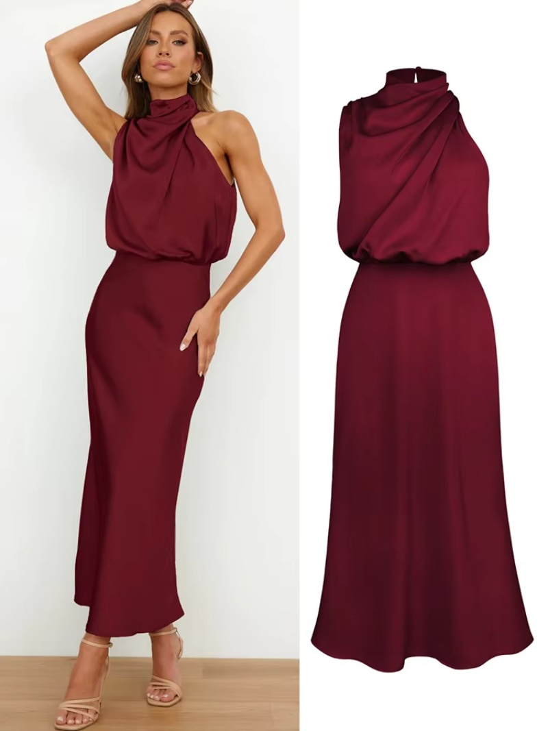 Marcy - Satin Halter Midi Cocktail Dress For Women