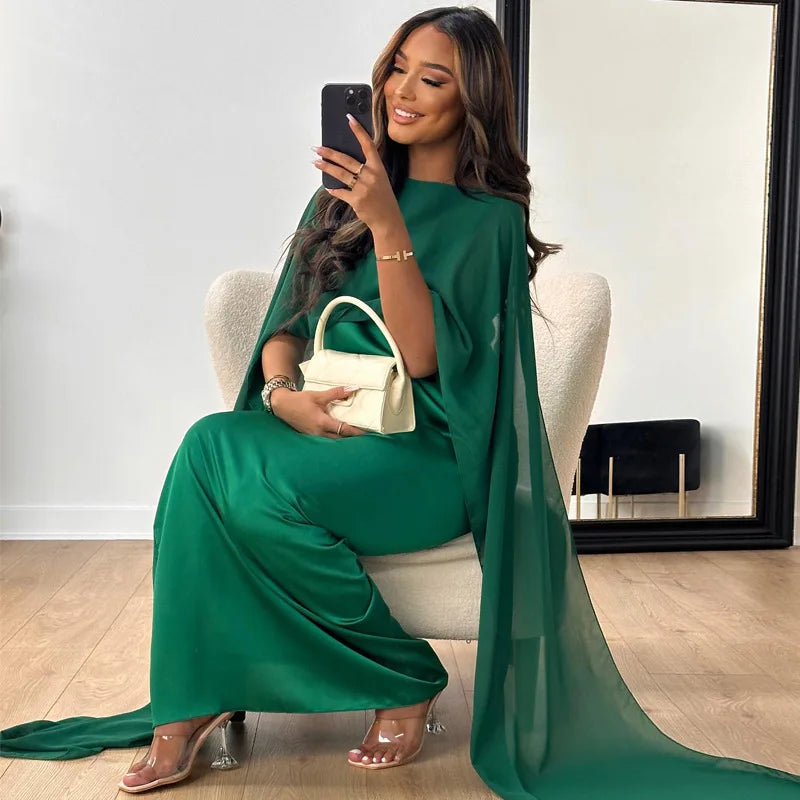 Katie - Elegant and Luxurious Satin Maxi Dress with Boat Neckline and Cape Sleeves