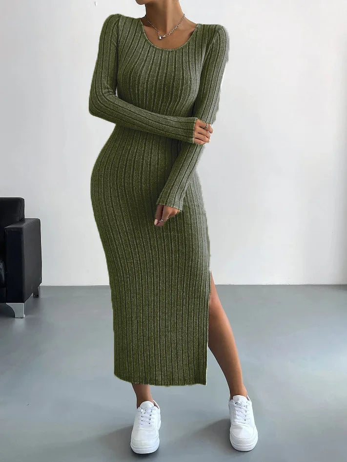 Carlene - Chic Long-Sleeved Knitted Dress with Elegant Fit and Side Slit