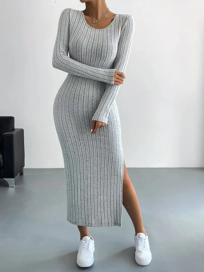 Carlene - Chic Long-Sleeved Knitted Dress with Elegant Fit and Side Slit