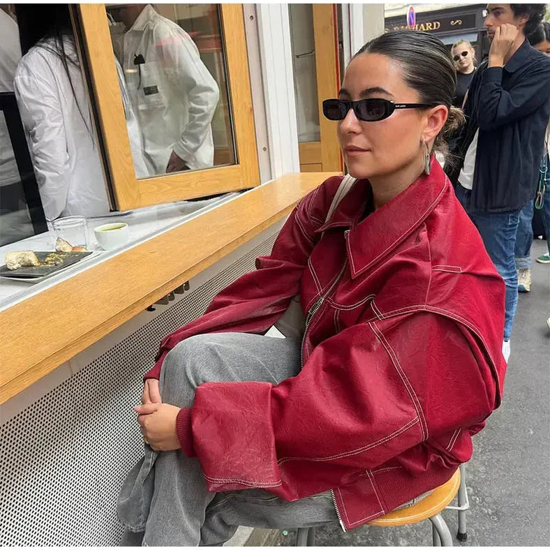 Isabel - Trendy Red Oversized Leather Jacket for Bold Fashion Statements